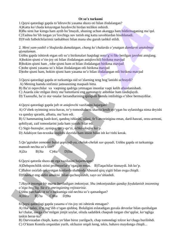 Ot so'z turkumiga oid test savollari
