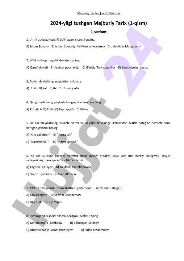Majburiy tarix test varianti 2024