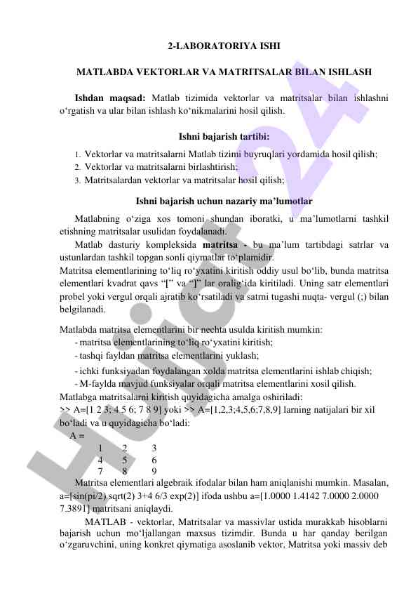 Matlabda vektorlar va matrisa bilan ishlash