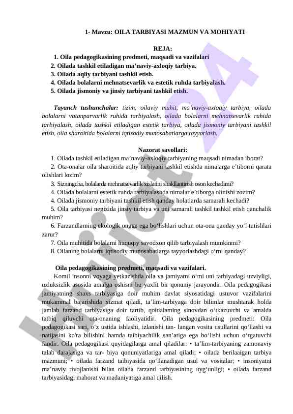 Oila tarbiyasi mazmun va mohiyati