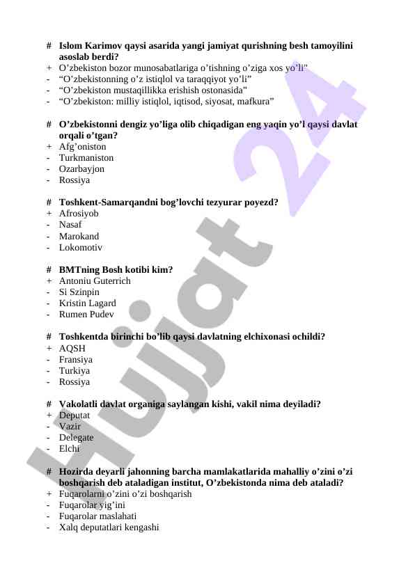 O‘zbekiston ijtimoiy tizimiga doir test savollari
