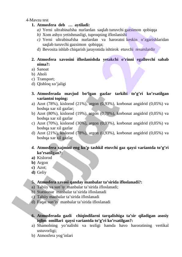 Atmosfera testi savollari va javoblari