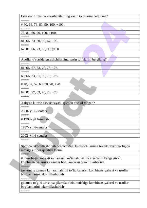 Kurashchilarning vazin toifalari va texnik tayyorlash