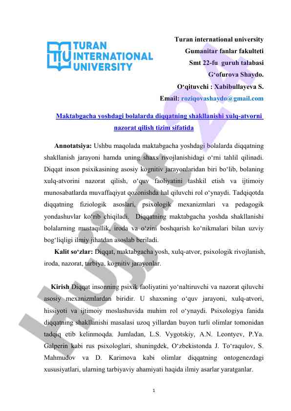 Maktabgacha yoshdagi bolalarda diqqatning shakllanishi