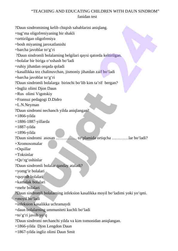 Daun sindromi haqida test savollari