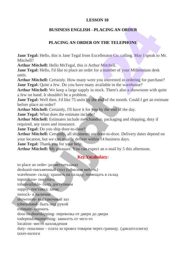 Business english lesson 10 placing an order