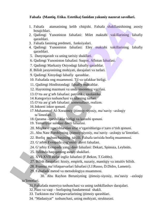 Falsafa fanidan yakuniy nazorat savollari