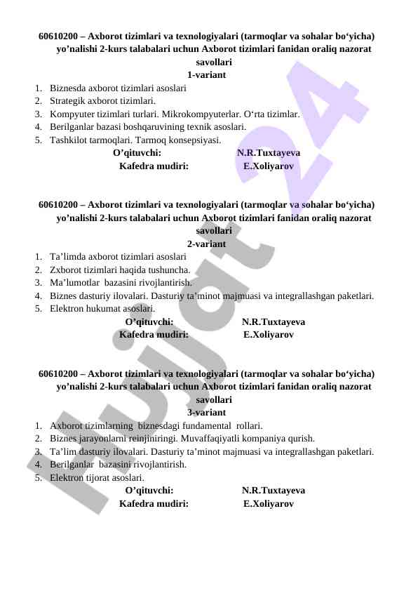 Axborot tizimlari fanidan oraliq nazorat savollari