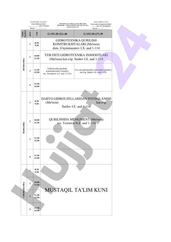 Muhandislik texnikasi fakulteti dars jadvali