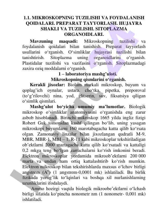 Mikroskopning tuzilishi va foydalanish qoidalari
