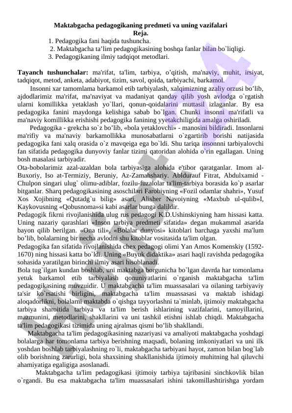 Maktabgacha pedagogika asoslari va vazifalari