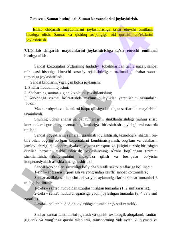 Sanoat hududlari va korxonalarni joylashtirish