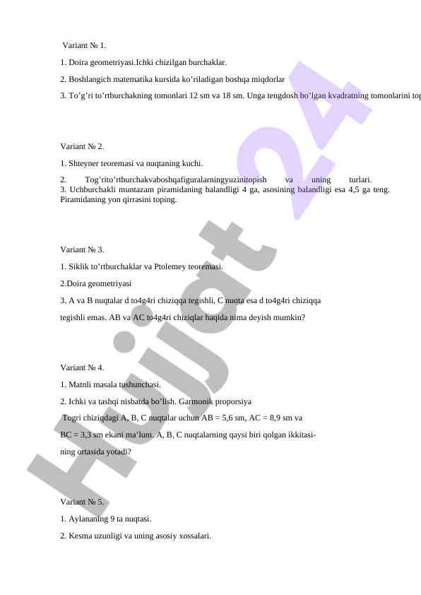 Geometriya va matematik masalalar testi