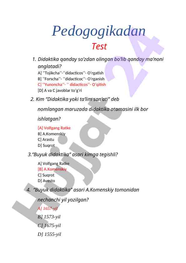Didaktika testi: o‘qitish va ta’lim asoslari