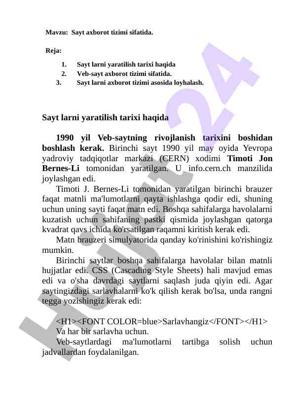 Veb-sayt axborot tizimining tarixi va loyihalash