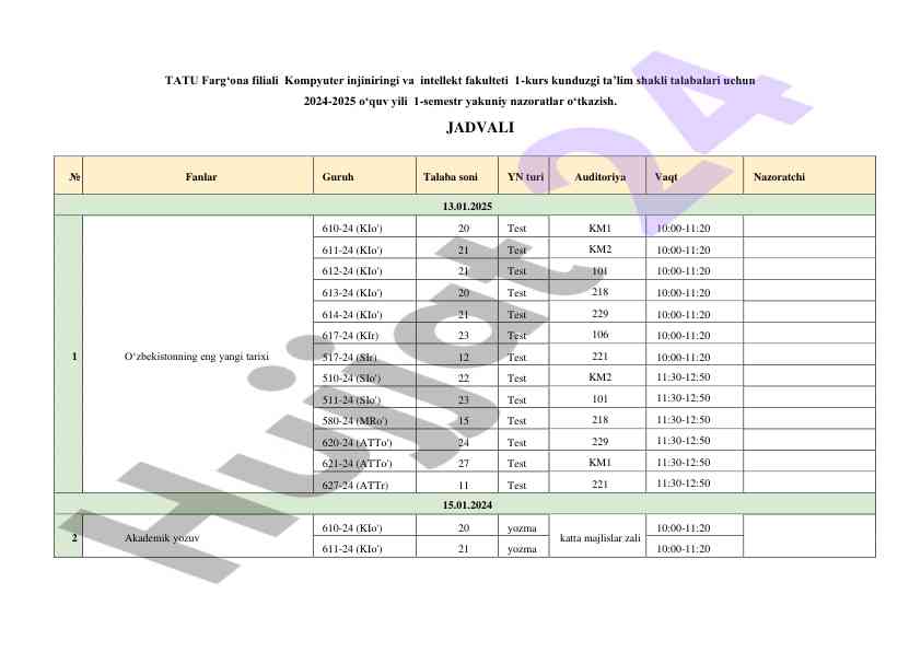 2024-2025 o‘quv yili 1-semestr yakuniy nazoratlar