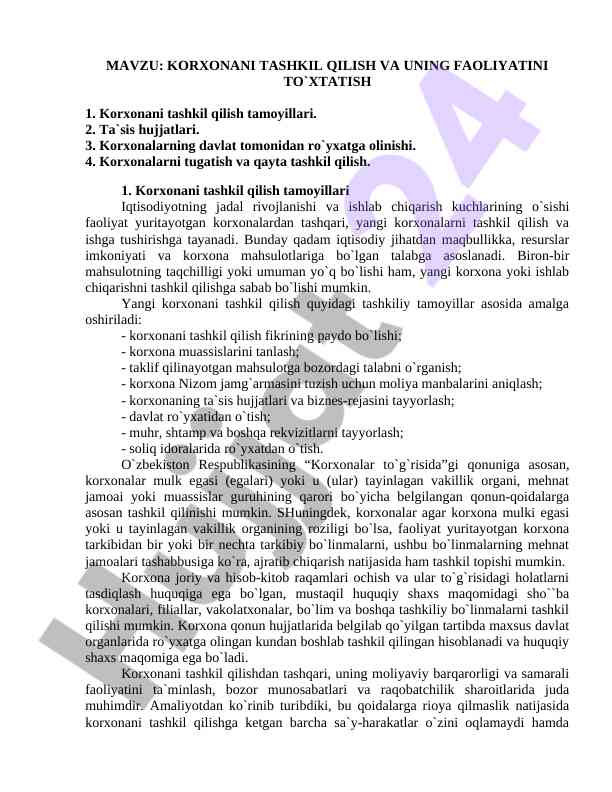 Korxonani tashkil qilish va faoliyatini to'xtatish