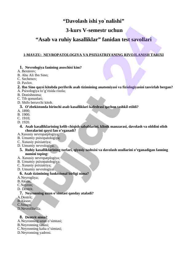 Asab va ruhiy kasalliklar fanidan test savollari