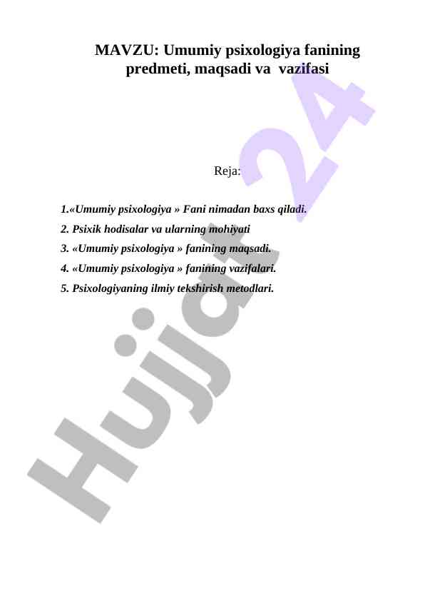 Umumiy psixologiya fanining maqsadi va vazifalari