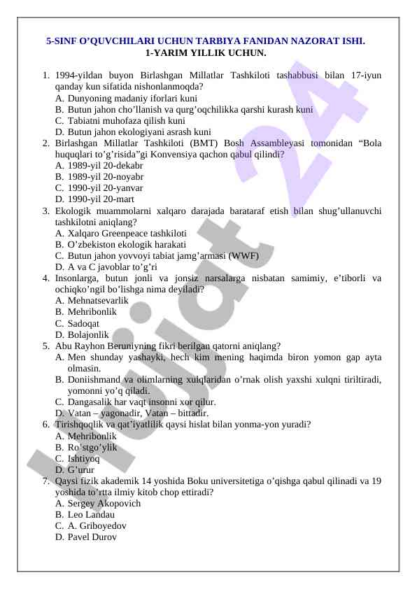 5-sinf o‘quvchilari uchun tarbiya fanidan nazorat ishlari
