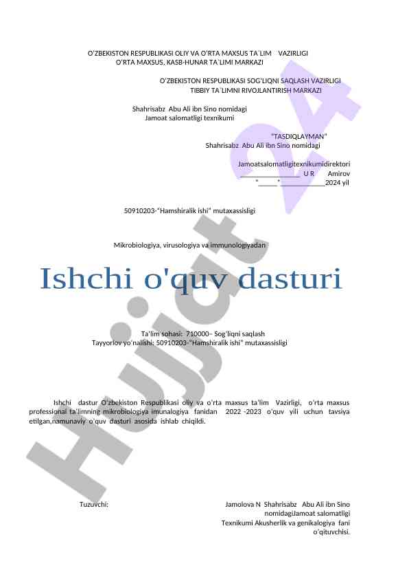 Mikrobiologiya va immunologiya o'quv dasturi
