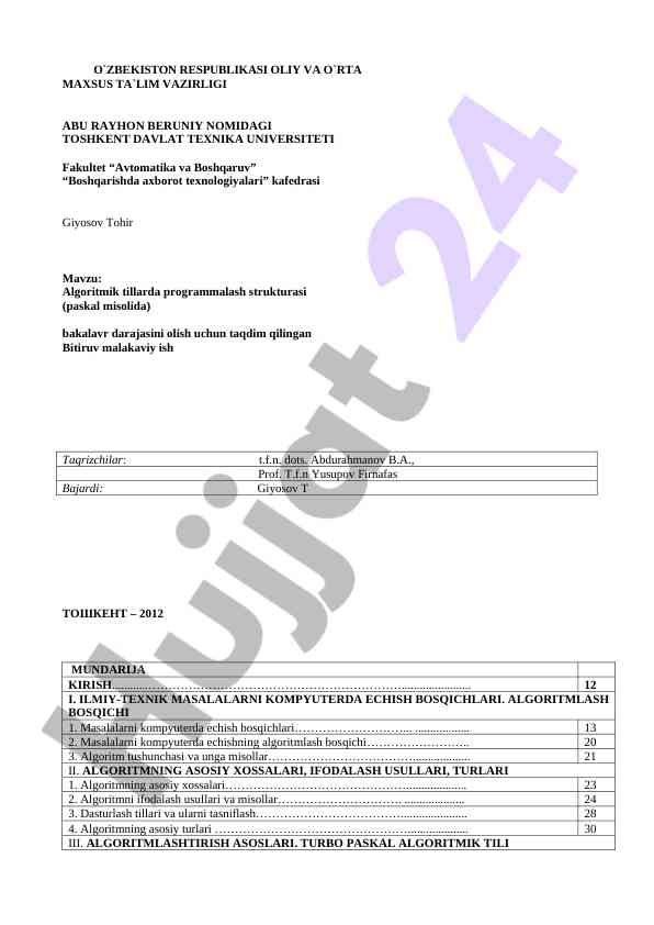 Algoritmik tillarda programmalash strukturasi