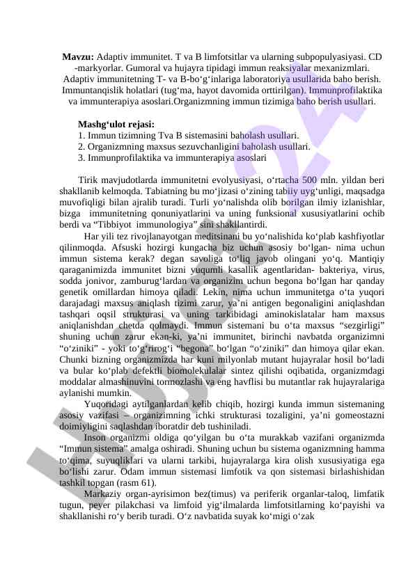 Adaptiv immunitet t va b limfotsitlari bo‘yicha tahlil