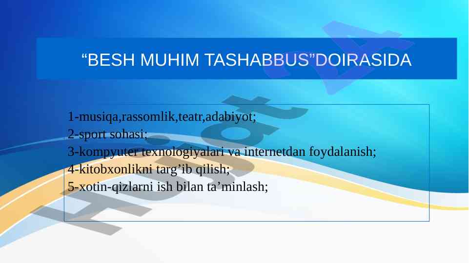 Besh muhim tashabbus soha tahlili va takliflar