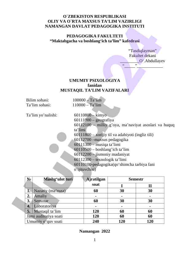 Umumiy psixologiya fanidan mustaqil ta’lim vazifalari