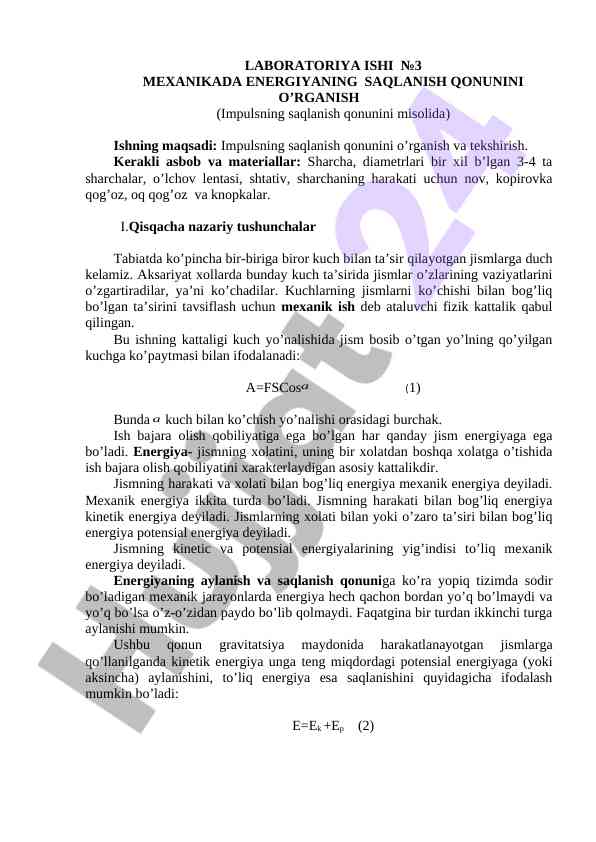 Ish №3 mexanikada energiyaning saqlanish qonuni