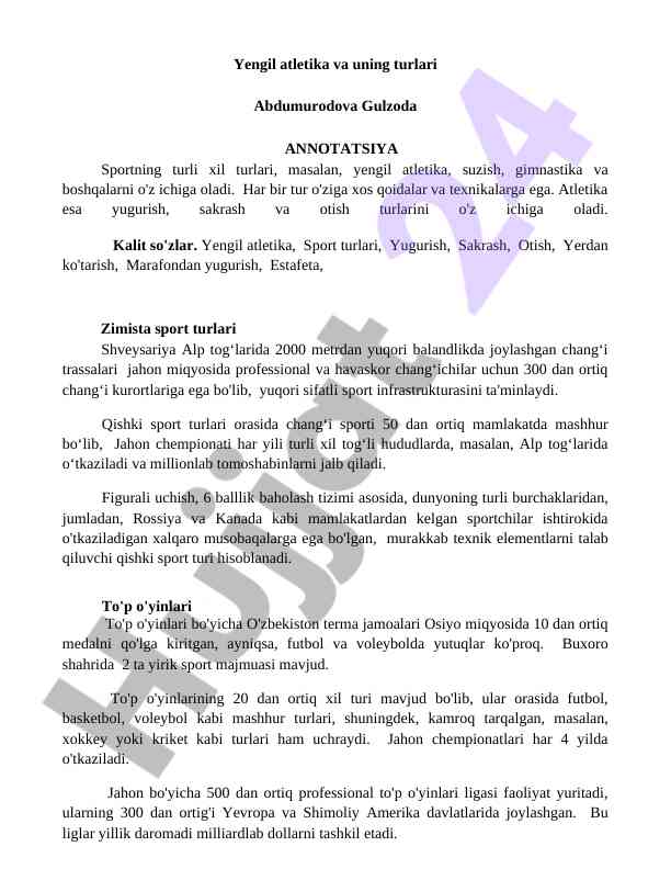 Yengil atletika va uning turlari haqida malumotlar