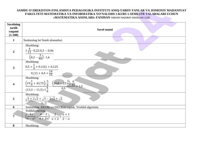Matematika asoslari fanidan yakuniy nazorat savollari