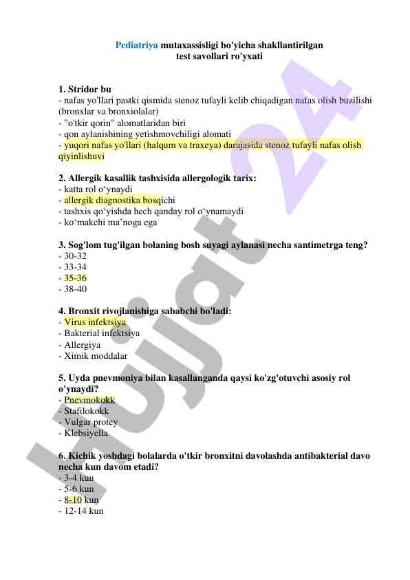 Pediatriya bo'yicha test savollari ro'yxati