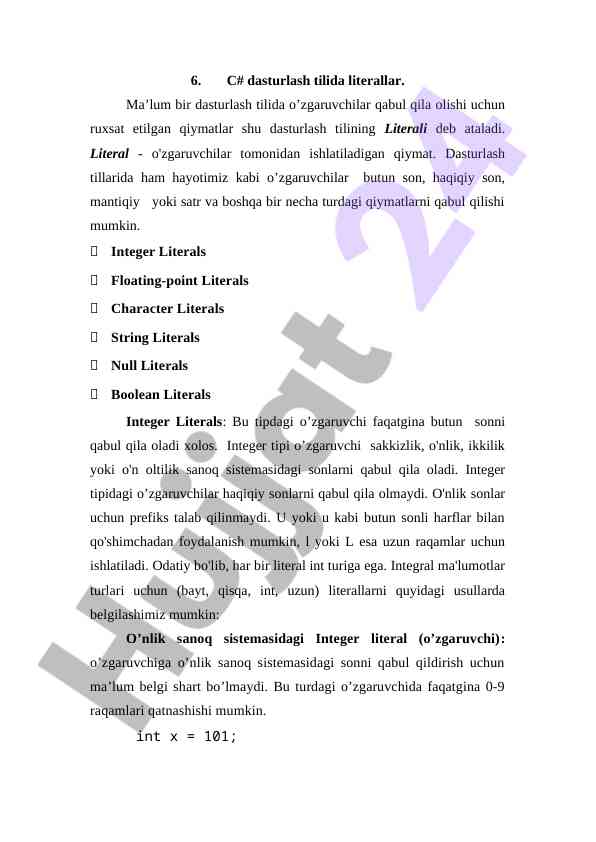 C# Dasturlash Tilida Literallar
