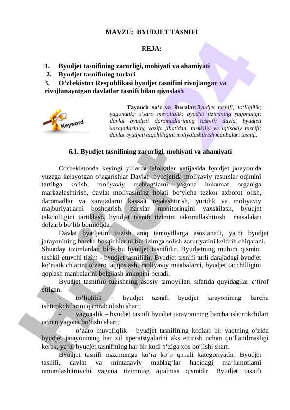 Byudjet tasnifi: zarurlik va ahamiyat
