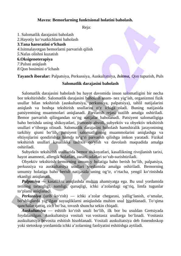 Bemorlarning funktsional holatini baholash