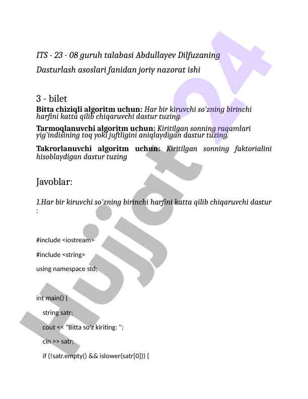 Dasturlash asoslari nazorat ishlari