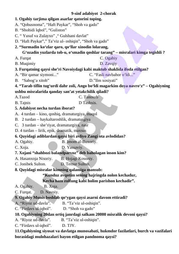 9-sinf adabiyot test savollari