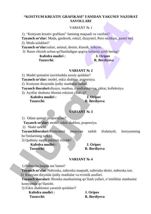 Kostyum kreativ grafikasi fanidan nazorat savollari