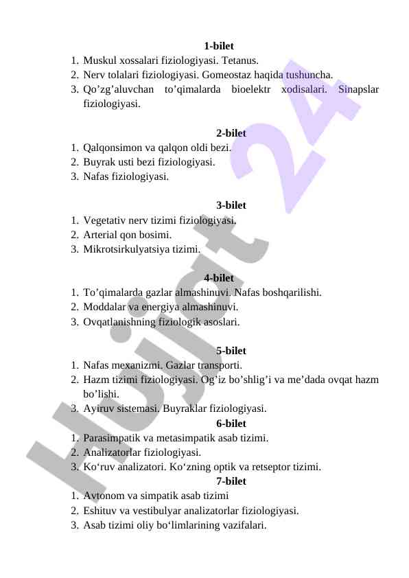 Fiziologiya biletlari bo'yicha test savollari