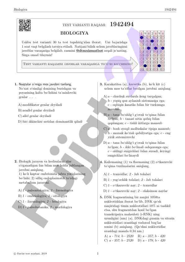 Biologiya test variantlari va tahlil usullari