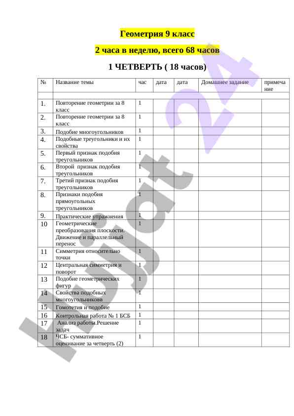 Геометрия 9 класс: учебный план на четверти