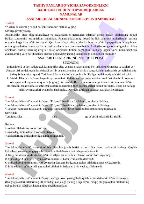 Asalari oilalarining nobud bo‘lish sindromi tahlili