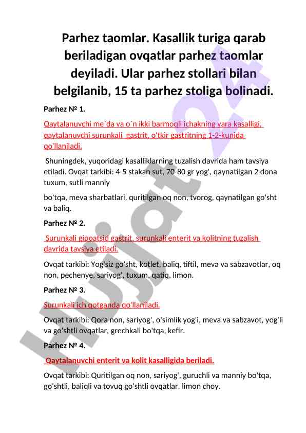 Parhez taomlar turi va tariflari