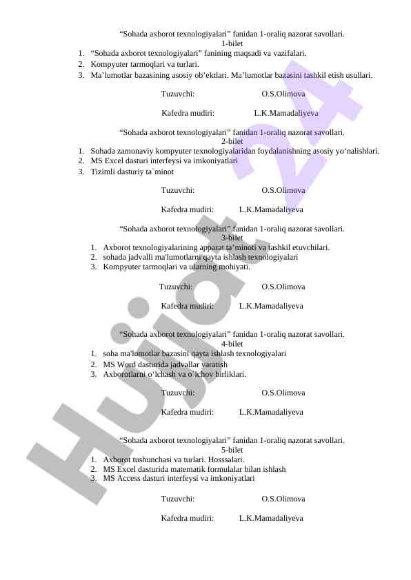Sohada axborot texnologiyalari nazorat savollari