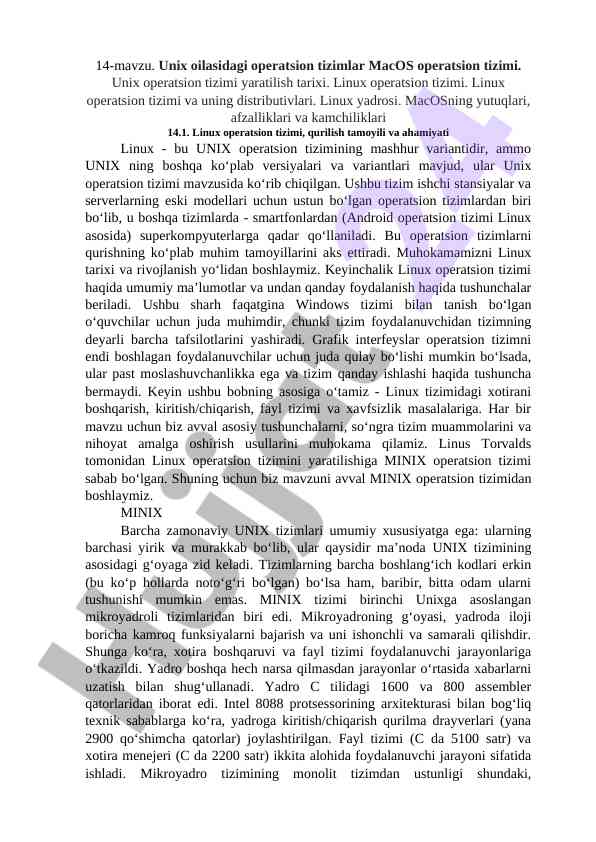 Unix oilasidagi operatsion tizimlar va linux