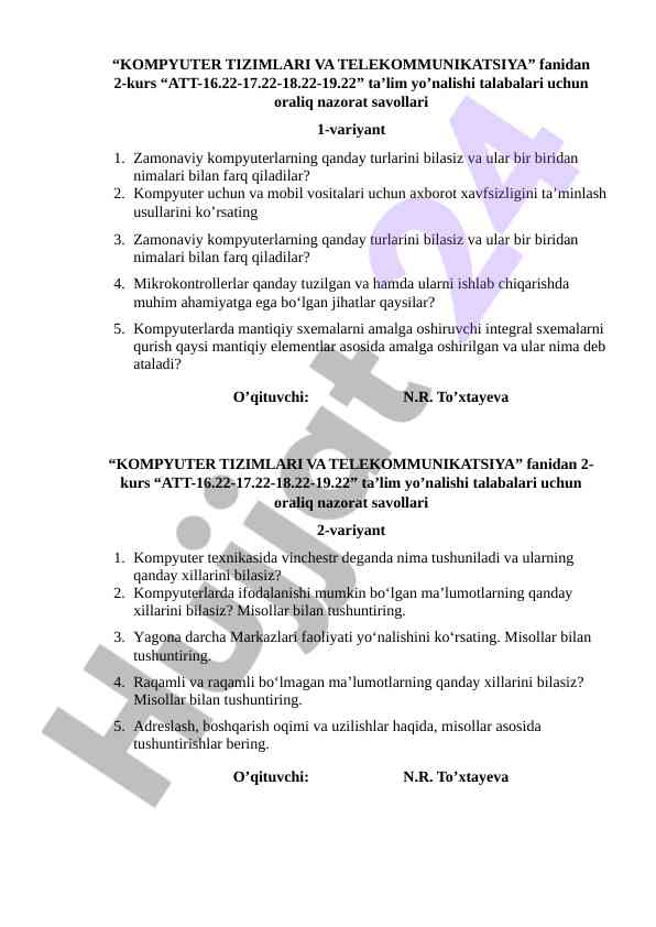 Kompyuter tizimlari va telekommunikatsiya savollari