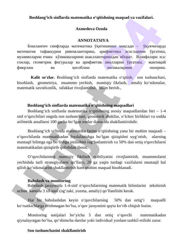 Boshlangʻich sinflarda matematika oʻqitishning maqsadlari