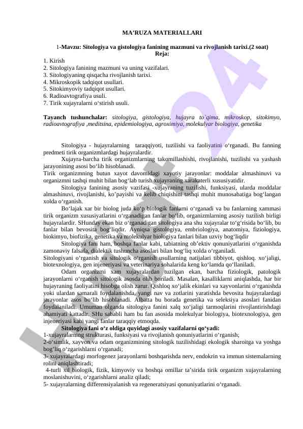 Sitologiya va gistologiya fanining tarixi