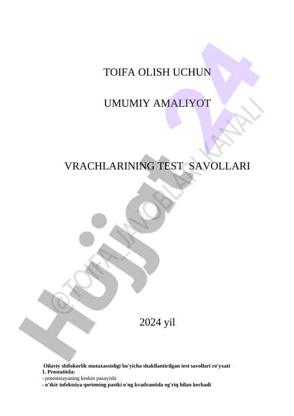 Vrachlar uchun test savollari 2024 yil